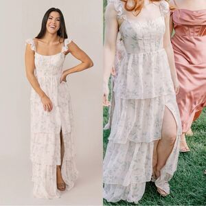 REVELRY Poppy Chiffon Floral Print Dress Champagne Bouquet